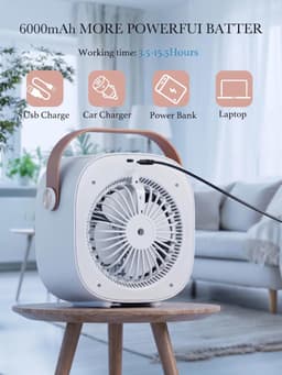 Draagbare luchtkoeler-ventilator – Oplaadbaar (4000 mAh, batterijduur van 4–16 uur); stille bureauventilator; witte persoonlijke luchtkoeler, geschikt voor gebruik in de auto, slaapkamer, op kantoor, op reis en buitenshuis. — thumbnail 2