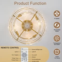 19-inch Deckenventilator met kristallen kroonluchter - App- en afstandsbediening - 6 snelheidsstanden - Omkeerfunctie voor winter/zomer - Goudkleurig met ruitpatroon - ABS-bladen — thumbnail 5