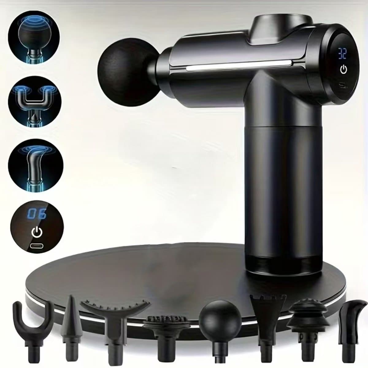 Massagepistool Met 32 snelheidsniveaus LCD-Touchscreen 8 Opzetstukken Oplaadbaar En Draagbaar - 1200 mAh 30W Diepe Weefselpercussie - Voor Spierherstel En Pijnverlichting - Zwart — afbeelding 1