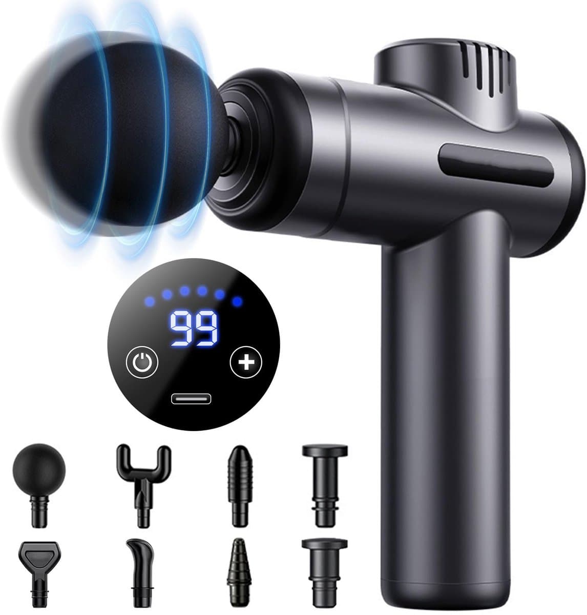 SnelShoppen - Mini-massagepistool met 99 snelheden, 8 massagekoppen, LCD-touchscreen, USB-C-opladen, ideaal voor spierpercussiemassage, ontspanning, s — afbeelding 1
