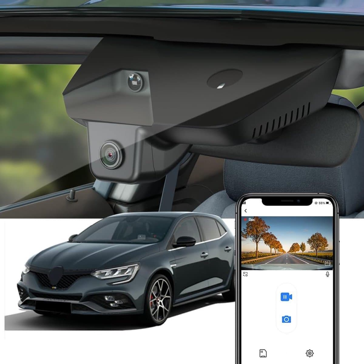 SnelShoppen - Dashcam 4K Voor Renault Megane RS 2021 2022 2023, OEM Look, 2160P UHD Video, WiFi, Loop Recording, G-Sensor, WDR, Plug & Play, 64GB Kaar — afbeelding 1