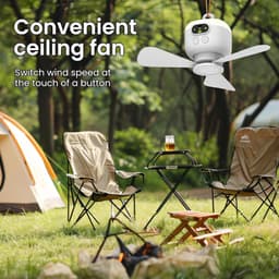 Plafondventilator - Draagbare Plafondventilator - Kampeerventilator - Oplaadbare Camping Ventilator - met Led Verlichting - 8000 mAh Plafondventilator voor Tent - Multifunctionele Tentventilator - met Haak en Afstandsbediening - 3 Snelheden - Wit — thumbnail 2