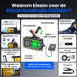 Siltcon® Noodradio Solar Opwindbaar - Solar Powerbank - 5000mAh - Radio DAB+/FM - Radio Noodpakket & Kamperen - Bluetooth + AUX - USB-A - USB-C - Zaklamp + SOS - Weeralarm - Thermometer - Compass - Incl. Oplaadkabels Telefoon & Waterdichte opberghoes — thumbnail 2