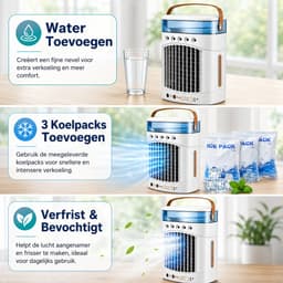 Mini Airco 4-in-1 – Draagbare Mobiele Luchtkoeler met Luchtbevochtiger – 5 Vernevelaars, 3 Nevelstanden, 2 Snelheden, Timer & LED – USB Bureauventilator Zonder Afvoerslang – Wit — thumbnail 2