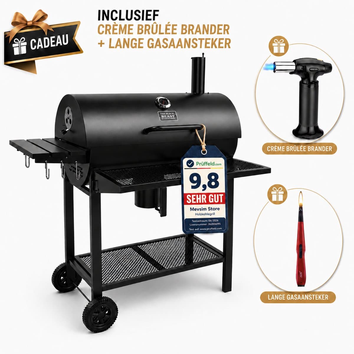 Houtskool BBQ - Smoker Barbecue XL - BBQ met Wielen - 70x37cm Grilloppervlak - Zijpanelen - Zwart - Inclusief Crème Brûlée Brander en Gasaansteker als Cadeau — afbeelding 1