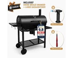 Houtskool BBQ - Smoker Barbecue XL - BBQ met Wielen - 70x37cm Grilloppervlak - Zijpanelen - Zwart - Inclusief Crème Brûlée Brander en Gasaansteker als Cadeau
