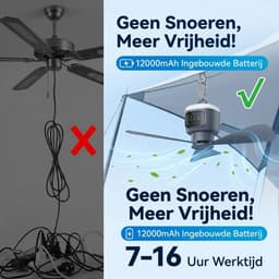 Campingventilator met verlichting, oplaadbaar, tentventilator met verlichting - Afneembare bladen - 45 cm draagbare plafondventilator - Buiten - Tent - 12000 mAh - Grijs — thumbnail 4