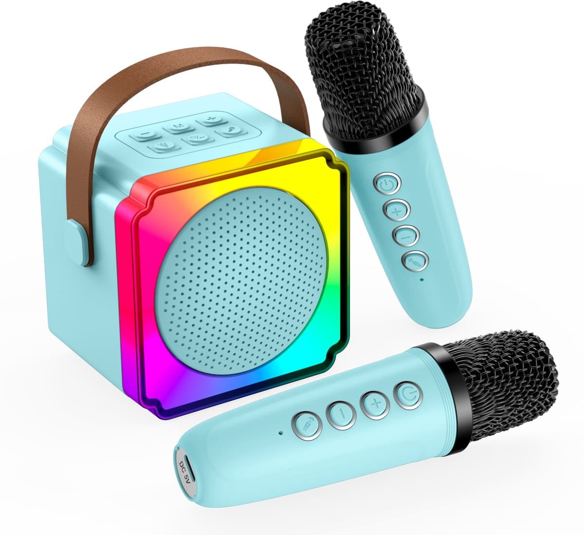 Karaoke Set voor Kinderen met Bluetooth Speaker van MMOBIEL – Met 2 Draadloze Microfoons, LED-verlichting, Geluidseffecten – Feest, Cadeau voor Meisje, Jongen, Kinderen 3+ jaar – Blauw — afbeelding 1