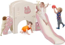Kinderglijbaan met klimrek, 6-in-1 kinderglijbaan met telescoop, basketbalmand, platformgang, kinderspeelplaats, glijbaanlengte 160 cm (roze) — thumbnail 1