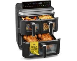 GOURMETmaxx FryUp3 Verticale heteluchtfriteuse, 3 kamers, heteluchtfriteuse XXL, 17 liter, airfryer met inklapbaar touchdisplay, 12 onetouch-programma's, kijkvenster, airfryer voor 12 personen