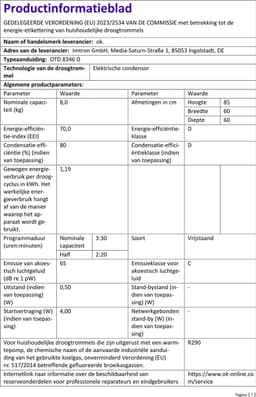 OK. OTD 8346 D - Warmtepompdroger - 8 kg - 65 dB – Energielabel D — thumbnail 2