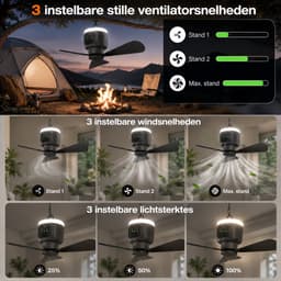Lapamax Camping Plafondventilator met LED Verlichting Ø 45 cm- 12000mAh Oplaadbare Accu - 4 Snelheden & 3 Lichtstanden-Afstandsbediening en Timer - Afneembare Bladen - Tent, Camper en Overkapping - Grijs — thumbnail 2