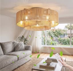 Plafondventilator met Verlichting en Afstandsbediening - Rotan Plafondlamp - Boho Retro Stijl - E27 - 6 Snelheden & Timer — thumbnail 1