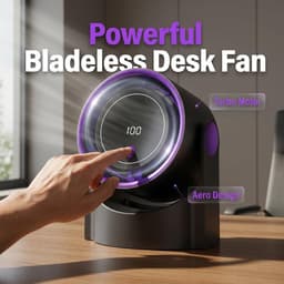 Oplaadbare bladloze ventilator via USB, 100 windsnelheden met digitaal display, stille bureauventilator, 12‑uur batterijduur, geschikt voor kantoor, slaapkamer en studentenkamer, beige — thumbnail 4