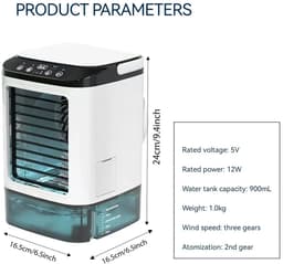 Archi Draagbare Mini Aircooler – Airco - Ventilatie - 900 ml Watertank – 3 Windsnelheden – Met Verneveling en multicolor lampje - Wit — thumbnail 3