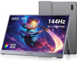 Arzopa Z1FC - Portable 144hz Gaming Monitor - Inclusief Sleeve - Premium Slim Aluminium Design - Space Grey - Apple Macbook Compatible - 100% sRGB Kleurprofiel - Met kabelbundel - 16 inch