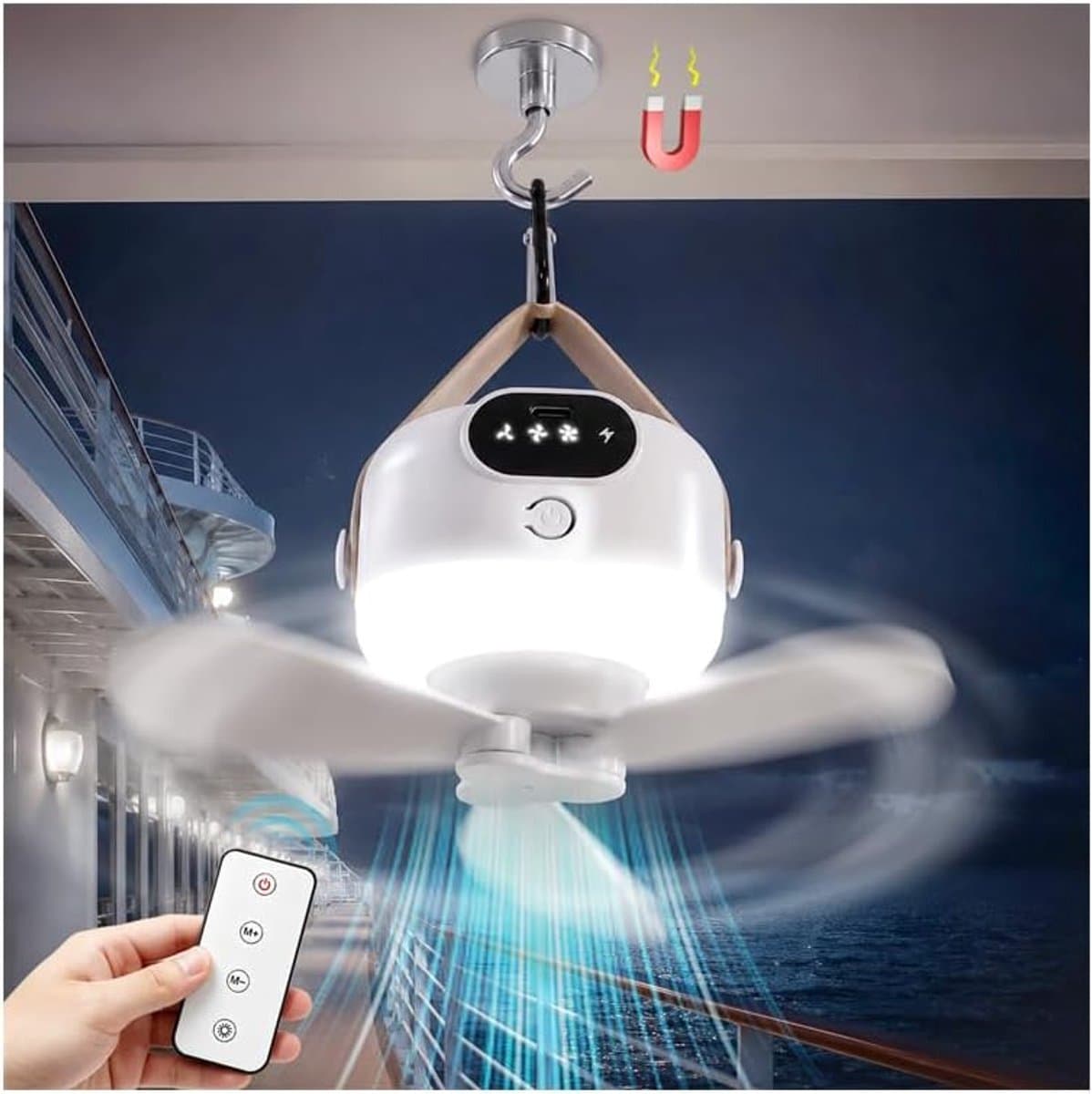 Plafondventilator - Draagbare reisventilator – Snoerloze mini-hangventilator – Stille werking met 3 snelheden – Ontwerp met magnetische haak – Ingebouwd ledlicht – Ideaal voor cruiseschepen， kamperen, tenten en auto's — afbeelding 1