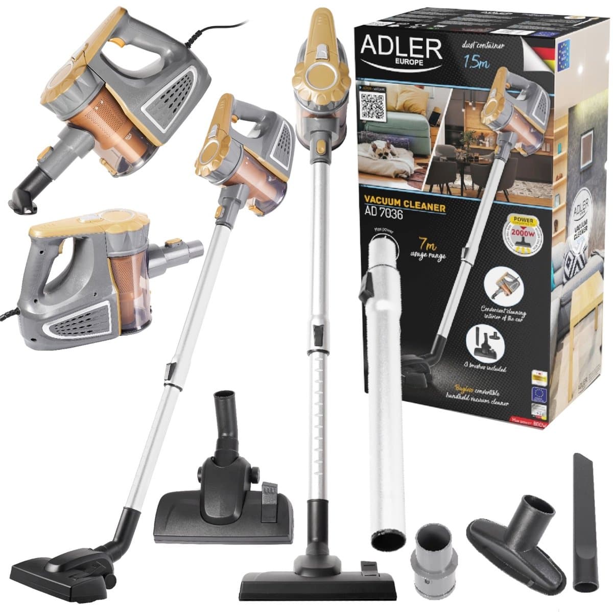 Steelstofzuiger met Snoer – Zakloze Stofzuiger 800W – 17.000 Pa Zuigkracht – 1,5L – Adler AD7036 — afbeelding 1