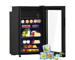 Mini koelkast-76L capaciteit met glazen deur-vrijstaande koelkast-energiezuinig en stil, drankenkoelkast met vriesvak voor slaapkamer, kantoor en woonkamer