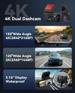 SnelShoppen - 4K Dashcam Auto 1080P, 2-Kanalen FHD Autocamera met GPS, WiFi, App Besturing, Nachtzicht, ADAS, 3.16 Inch Display, 24-Uur Parkeren — thumbnail 2