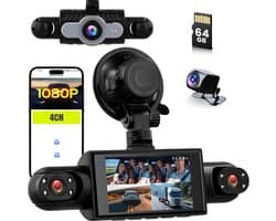 SnelShoppen - 360° Dash Cam 4 Kanalen 1080P Auto Camera met 64G SD-kaart, G-Sensor, Loop Opname, Nachtzicht en Groothoek 150° voor Achter Interieur