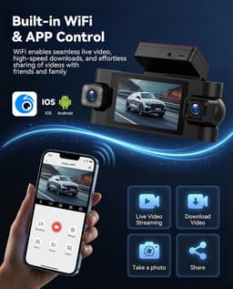 SnelShoppen - SIXWIN 2K Dashcam Auto met 3 Inch Display, 360° Rondom Zicht, 3 x 1080p Camera's, Wifi, Nachtzicht, G-sensor, App-bediening, 24/7 Parkee — thumbnail 4
