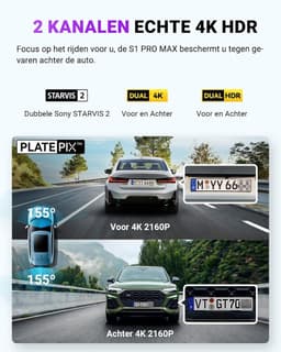 Dashcam voor auto - Zwart - Dubbele 4K camera met GPS, WiFi en Nachtzicht - Voor Vooraan en Achteraan — thumbnail 2