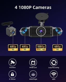 Dashcam voor auto - Zwart - 3 inch - 4 Camera's met 1080p en Nachtzicht - Met Wifi-app en 24-Uurs Parkeerbewaking — thumbnail 2