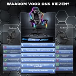 Devoko Game Stoel met ledverlichting-Ergonomische Gamestoel-Gaming chair met voetensteun-Bureaustoel met hoofdsteun en taille massage-Zwart grijs — thumbnail 2