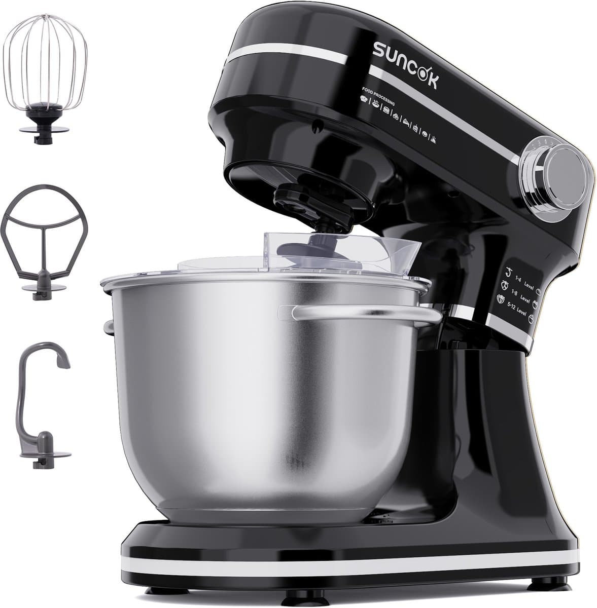 SUNCOK Keukenmixer, Keukenmachine, krachtige motor van 1500 W, met twee roestvrijstalen mengkommen (4,5 l en 5,5 l), multifunctionele deeghaak, geschikt voor bakken en kneden van deeg. — afbeelding 1