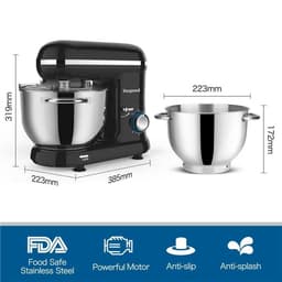 SnelShoppen - Keukenmachine Kneedmachine 1500W, 6-snelheden Mixer met 6,2QT Kom, Klopper, Haak, Garde, Eierscheider in Zwart voor Bakken en Koken — thumbnail 3