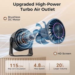 MERTTURM Oplaadbare USB Bureauventilator, Kleine Draagbare Stille Tafelventilator met 100 Snelheden, 360° Rotatie, Wandmontage, LED-display voor Slaapkamer, Thuis, Kantoor, Reizen (Zwart) — thumbnail 5
