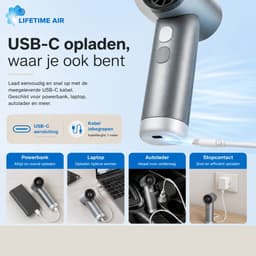 Lifetime Air Hoge Snelheidsventilator - Draagbare Handventilator met 3 Snelheden - Mini Ventilator USB-C Oplaadbaar - Krachtige Luchtstroom voor Onderweg - 13 x 4 x 9 cm - Grijs — thumbnail 2