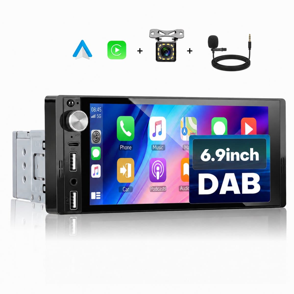Boscer 1 Din Autoradio met Ingebouwde DAB+ - Draadloos Apple CarPlay & Android Auto - 6.9 Inch Scherm - Bluetooth, FM/AM Radio (RDS) - USB & USB-C - ISO Universeel - Achteruitrijcamera & Microfoon — afbeelding 1