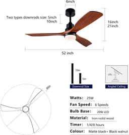 Ventilator Plafond Met Verlichting – 132 cm – Massief Hout en Metaal – Zwart en Donker Walnoot – Afstandsbediening, Dimbaar, 6 Snelheden — thumbnail 5