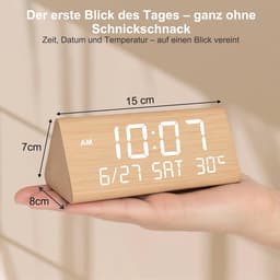 SnelShoppen - Digitale Houten Alarm Klok met 2 Alarmen, Datum, Weekdag, Temperatuur, Verstelbare Helderheid en Volume, USB Oplaadpoorten voor Thuis en — thumbnail 3