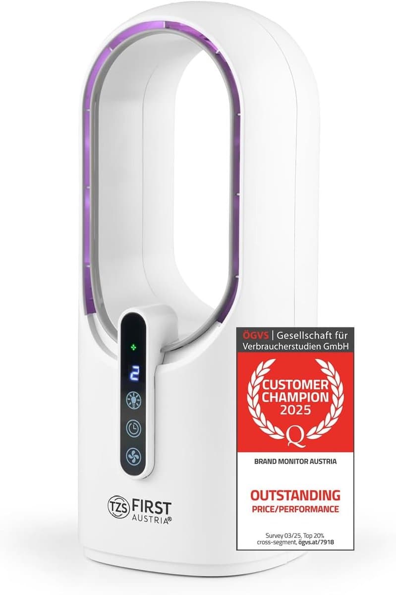 Bladloze Tafelventilator 2500mAh – Stil – 3 Snelheden – Timer – 7-Kleuren Nachtlamp – USB-C – Wit — afbeelding 1