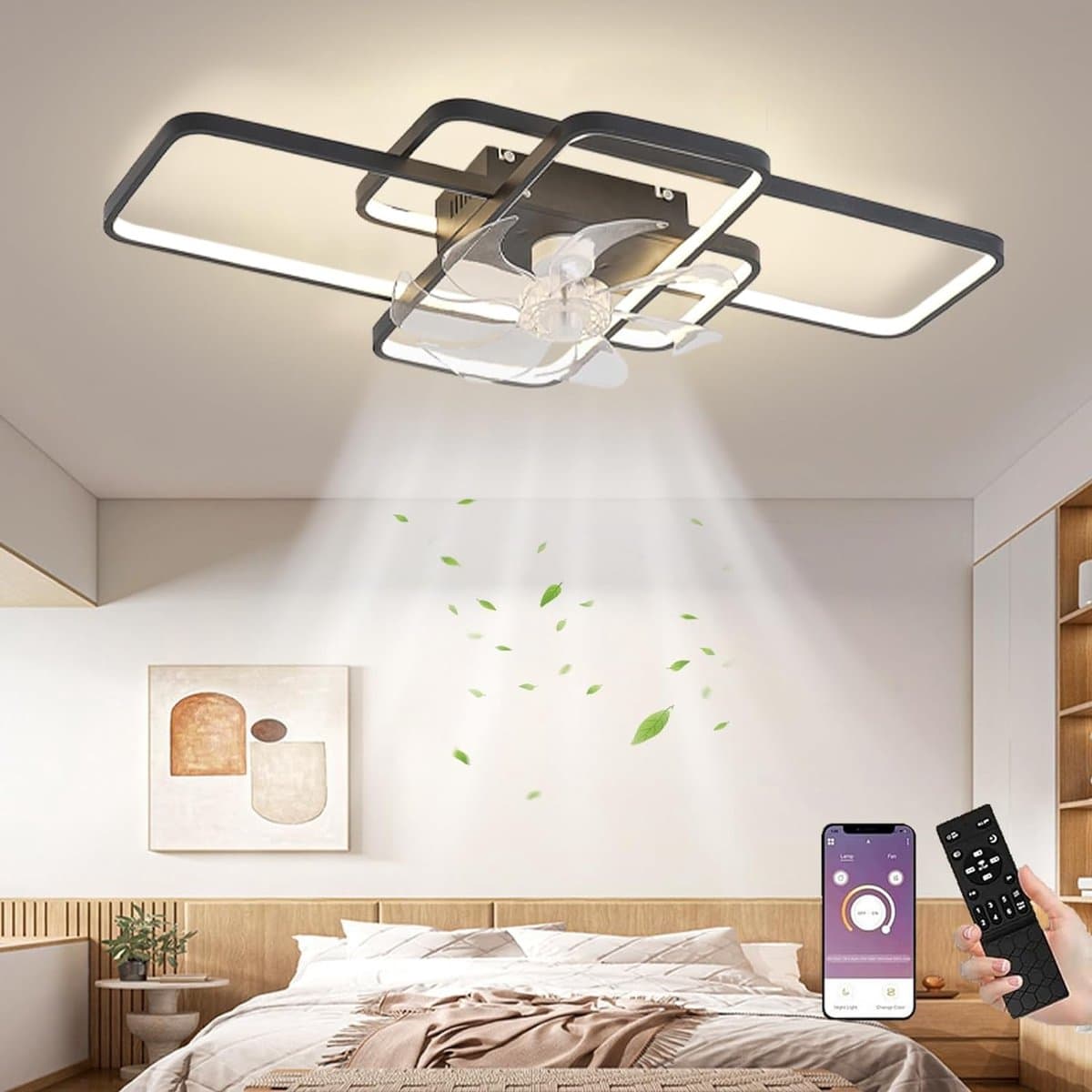 LuxiLamps - Moderne Plafondlamp LED Ventilator - Dimbaar Met Afstandsbediening & App - Zwart - Smart Lamp - LED Kroonluchter Ventilator - 72 cm — afbeelding 1
