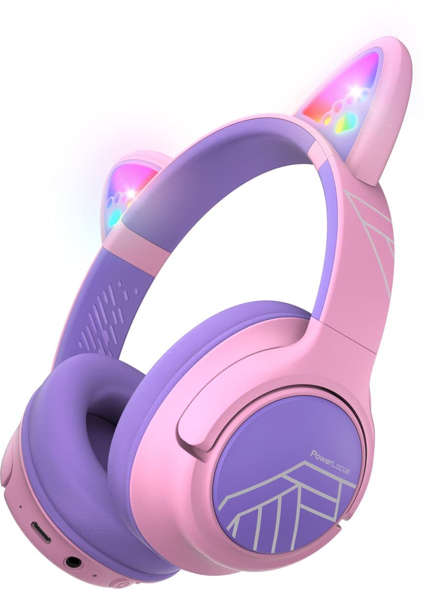 PowerLocus Bobo - Draadloze Koptelefoon voor Kinderen - Bluetooth koptelefoon - 74/85/94dB Volumebegrenzing - Katten Oortjes - Led Verlichting - Paars/Roze — afbeelding 1
