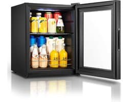 Heinrich's HGK 3142 mini koelkast met glazen deur zwart 42 liter - glasdeur - doorzichtige deur - barkoelkast - vitrinekoelkast - bierkoelkast - kleine koelkast - minibar - modern - voor eten en drinken - drankenkoelkast - energielabel E - 43 decibel