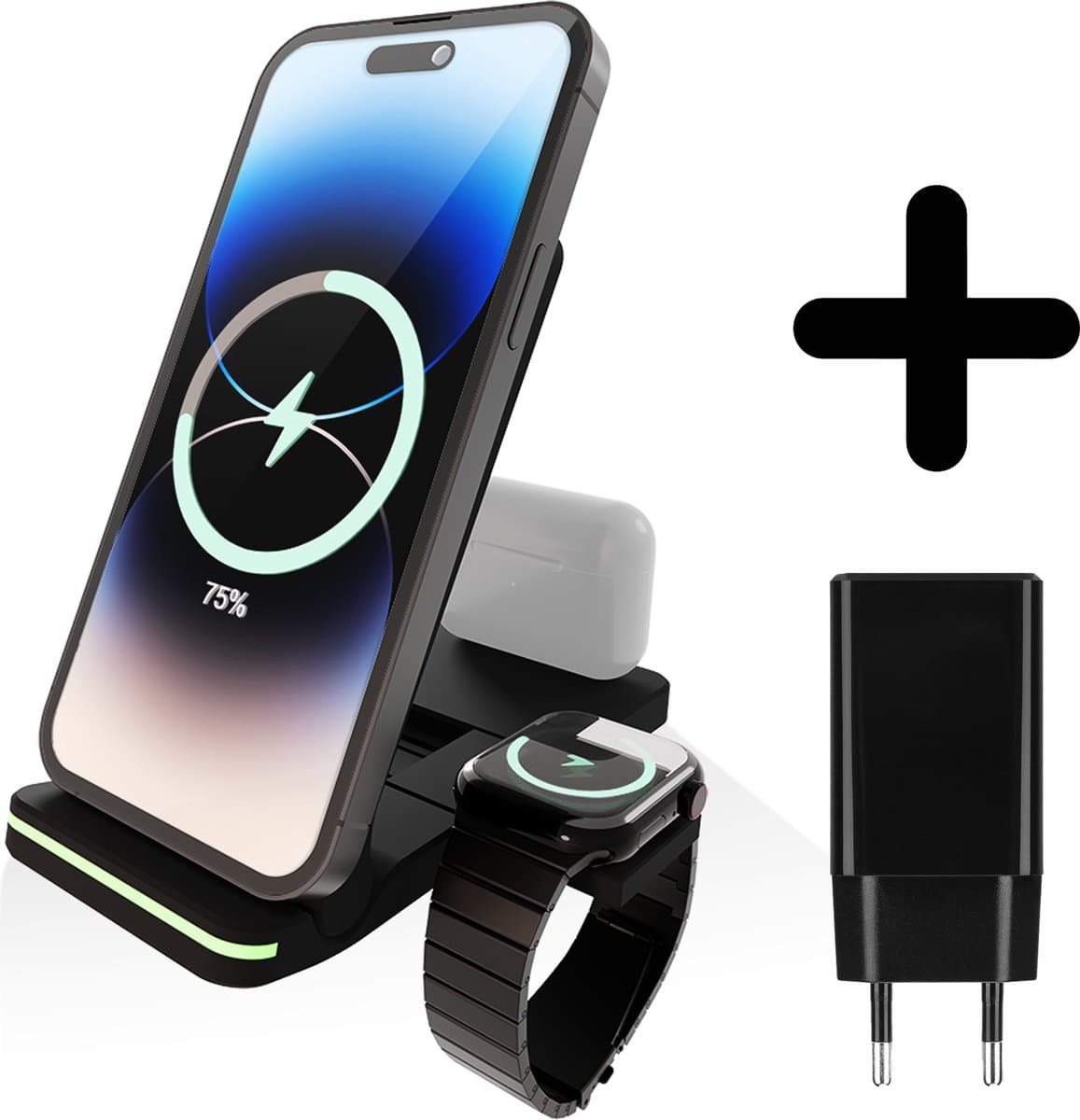 3 in 1 Foldable Wireless Charger geschikt voor Apple iPhone / Apple Watch / AirPods - Oplader draadloos - iPhone Oplader met kabel - USB A naar USB C - Opvouwbaar Docking station - Vouwbaar Oplaadstation - GSM lader Qi station met adapter — afbeelding 1