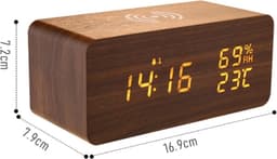 Houten Digitale Wekker - Wekkerradio - Draadloos Oplader iPhone - Wekker - Hout - Reiswekker - Draadloos opladen - Weerstation Binnen - Walnootkleur — thumbnail 5