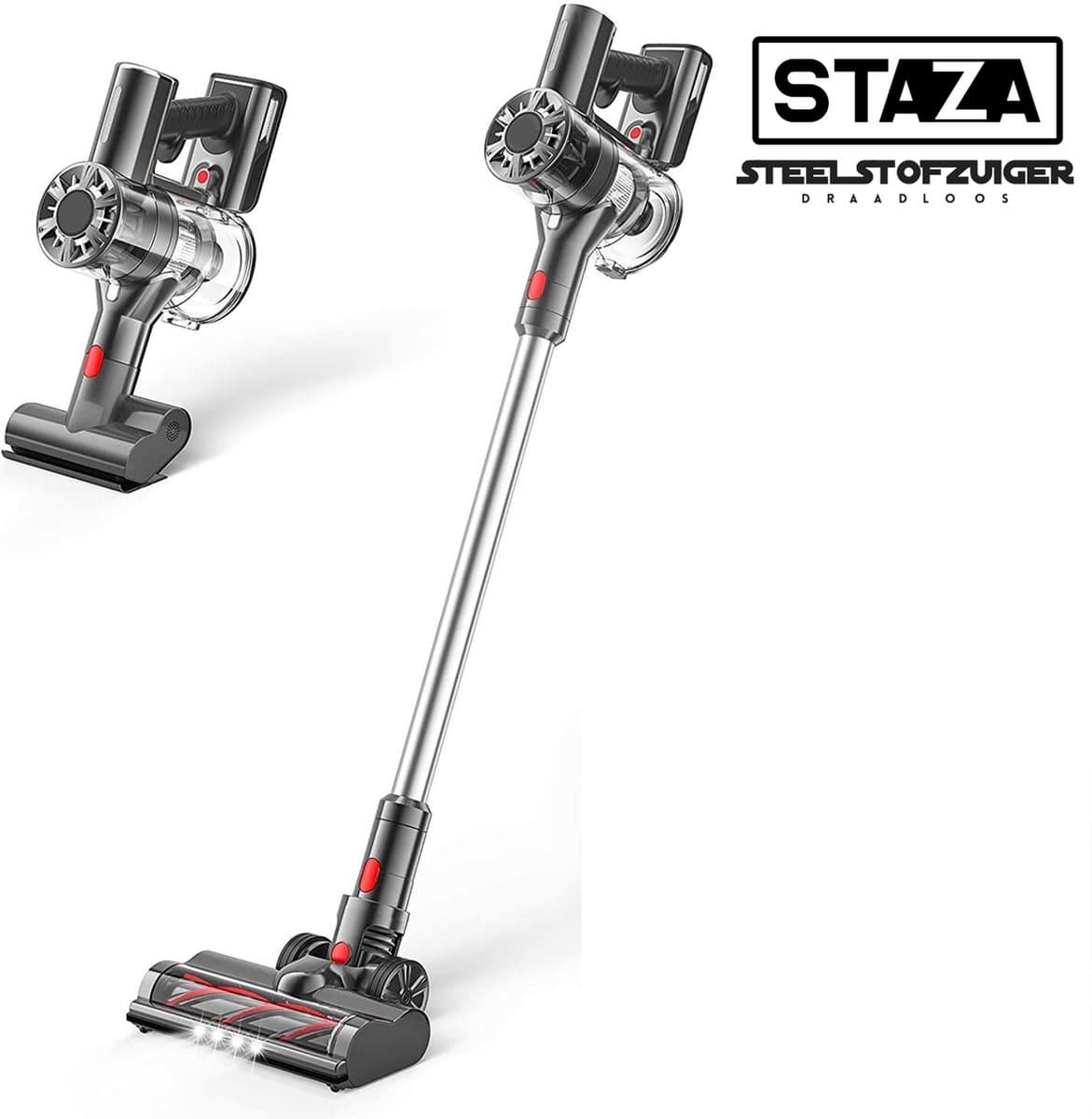 Staza - Steelstofzuiger draadloos 200Watt met 4 verschillende opzetstukken (draadloze stofzuiger) - Snoerloos - Zonder zak - Op accu - Met Kruimelzuiger — afbeelding 1
