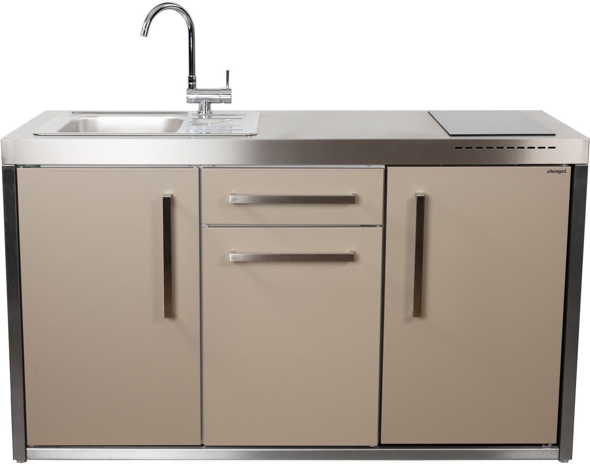 Minikeuken BeNeLux Stengel MO150 S voorgemonteerde metalen outdoor keuken met koelkast - inductie kookplaaat - water en electriciteits aansluiting inclusief alle toebehoren Zand kleur - matt — afbeelding 1