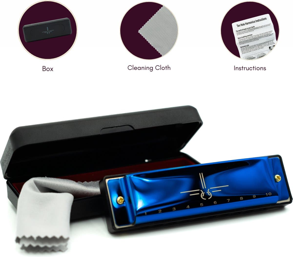 Mondharmonica C voor Volwassenen en Kinderen - Instructieblad - Metallic Blue Blues Harp — afbeelding 1