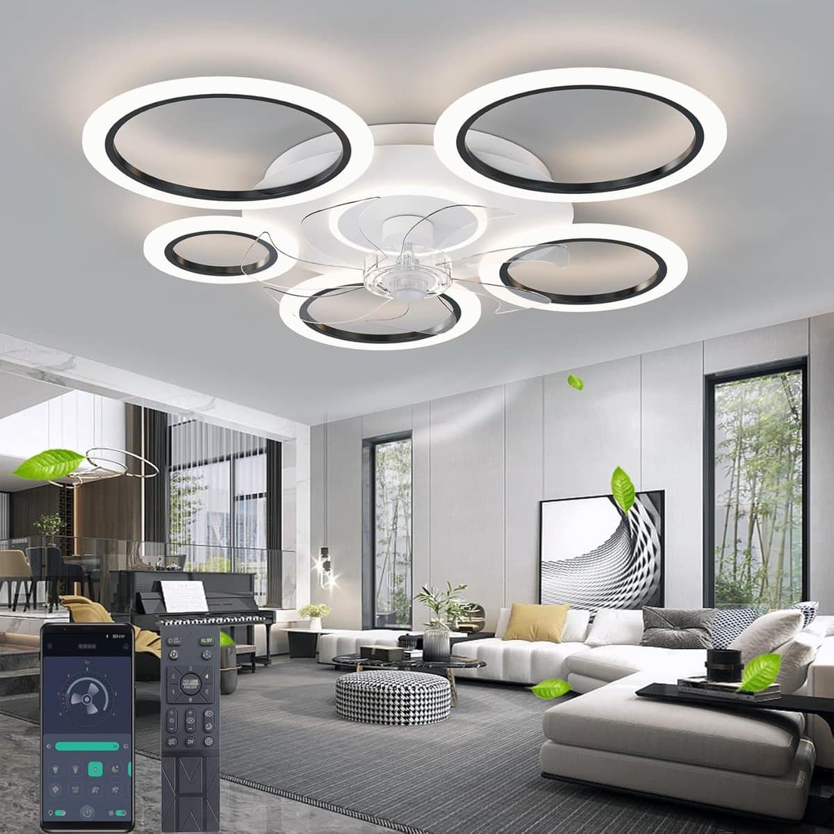 6 Ringen Plafondventilator - Zwart - 6 Snelheden - Dimbaar Met Afstandsbediening en APP - Moderne Cirkel Ventilator Licht — afbeelding 1