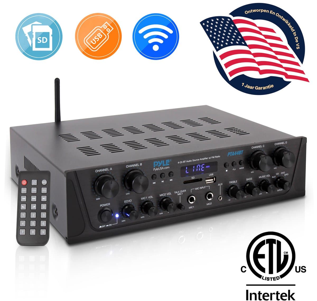 Pyle Bluetooth Versterker - Karaoke Draadloze Audioversterker - 4-Kanaals Stereo Audio Thuisbioscoop Luidspreker - Geluid Vermogensontvanger met AUX IN, FM, RCA - Subwoofer Luidsprekers — afbeelding 1