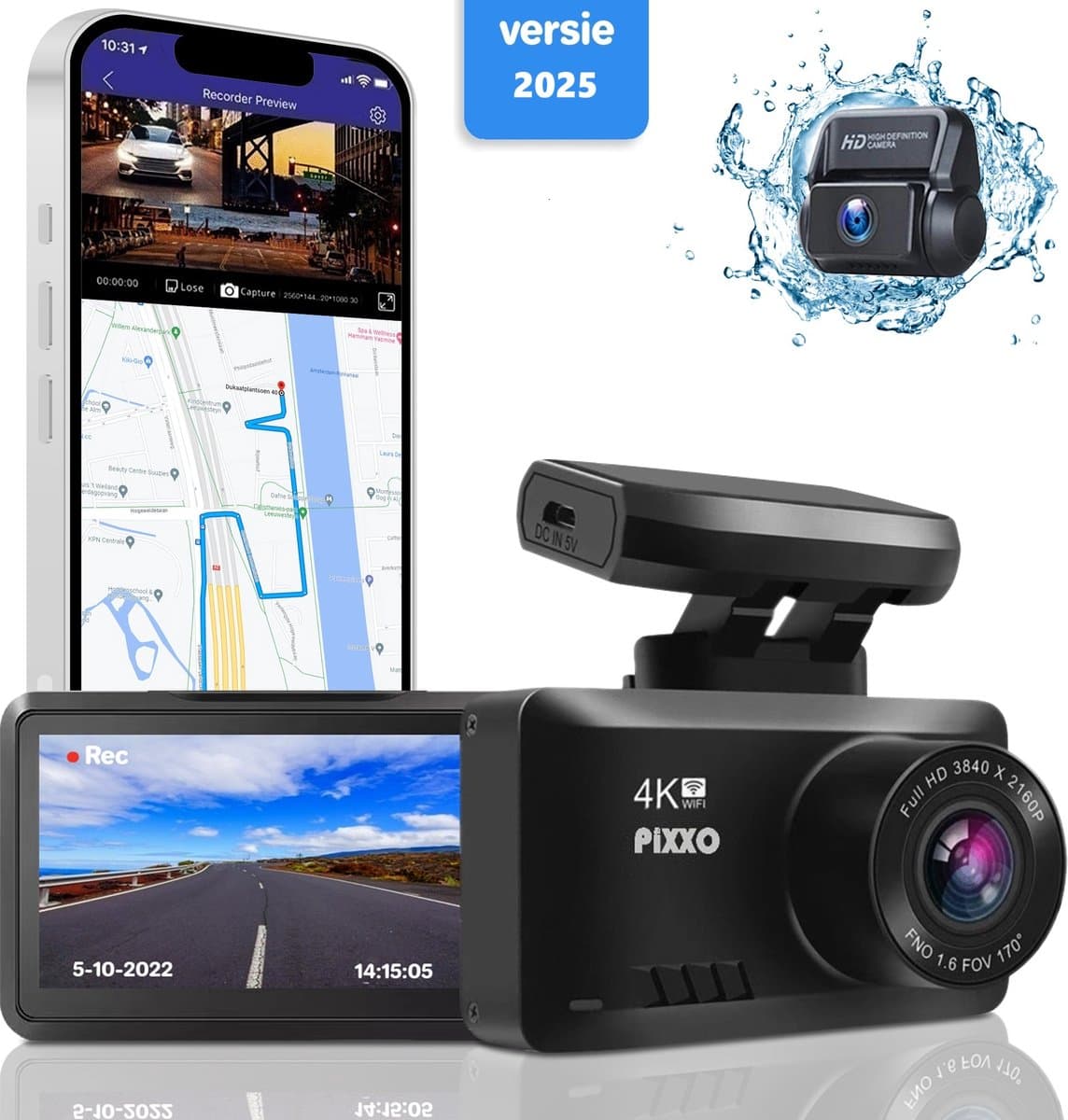 PiXXO Pro 4K Dashcam met Voor & Achtercamera – Ultra HD 2160P - Nachtzicht - Parkeerbewaking - GPS - WiFi - 64GB SD – Voor Auto, Bus & Camper — afbeelding 1