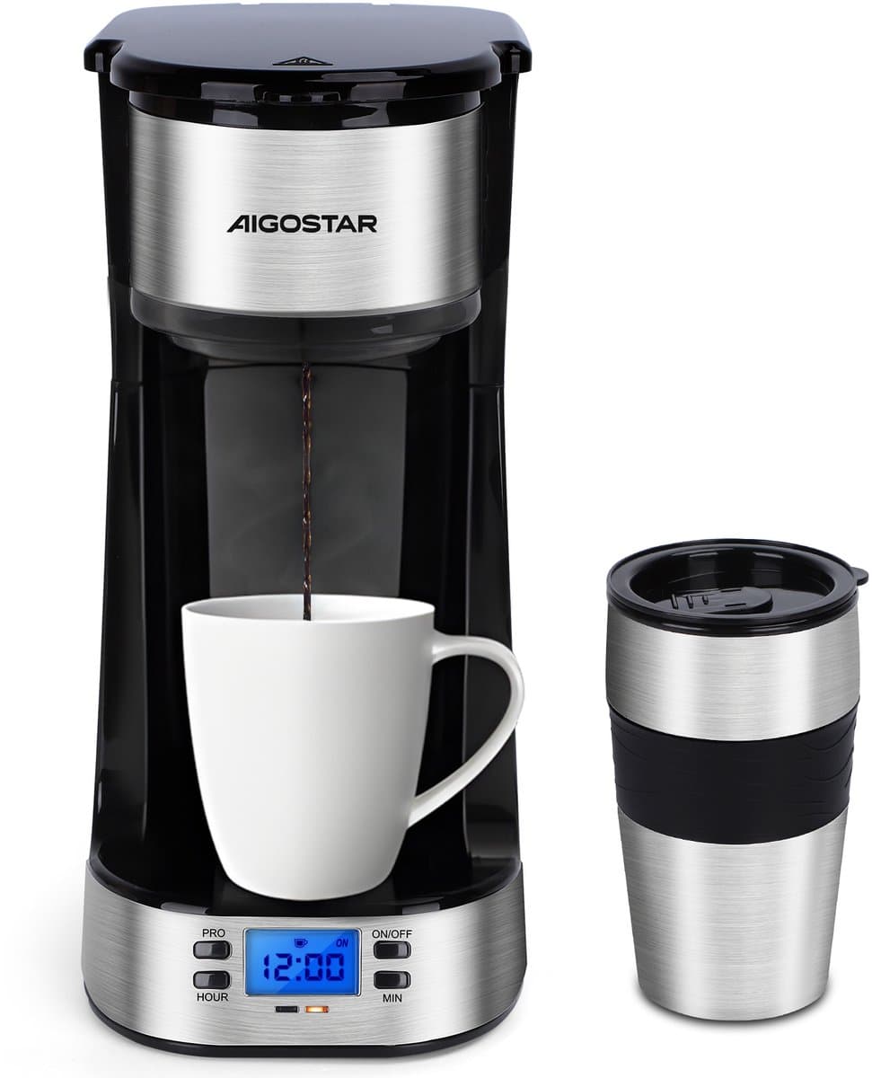 Aigostar 302FX - Koffiezetapparaat - Filterkoffie - 0.42 l - thermosbeker - Timer schakelaar - Ideal voor camping - 750W - RVS/Zwart — afbeelding 1