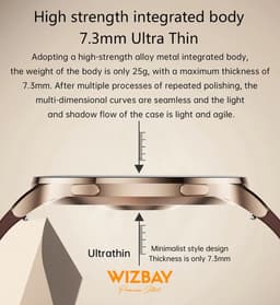 WizBay Premium Select® Ultra Thin Smartwatch 1.75inch AMOLED - Bellen - AI Voice Assist - Hart Monitor - O2 Bloeddrukmeter - Multi Sport Modi - Slaap - Message - Smartwatches - Gouden Case Lederen Band Bruin - 2 Extra Banden - RVS Goud en TPU Rosé — thumbnail 2